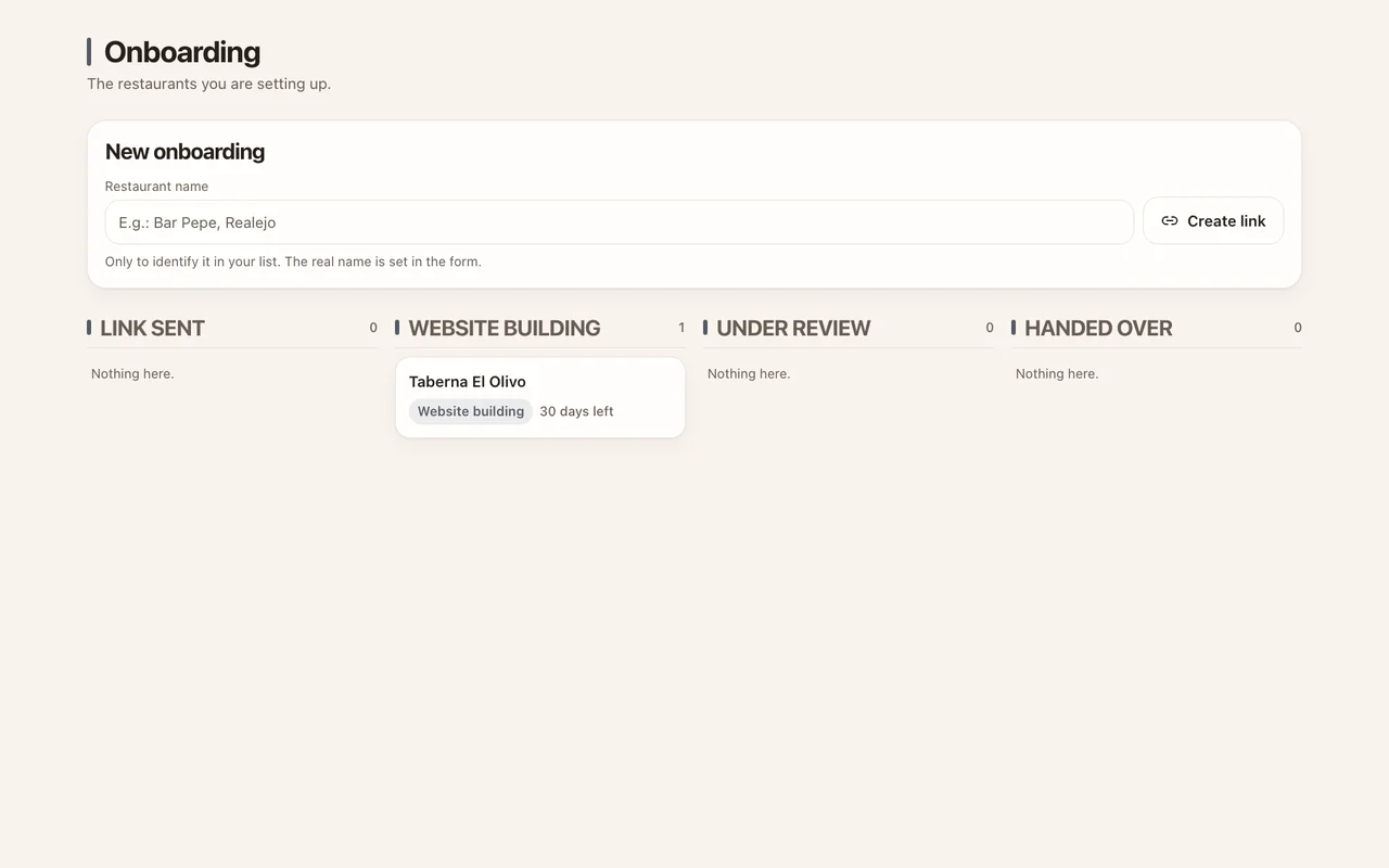 Onboarding board with a restaurant being built