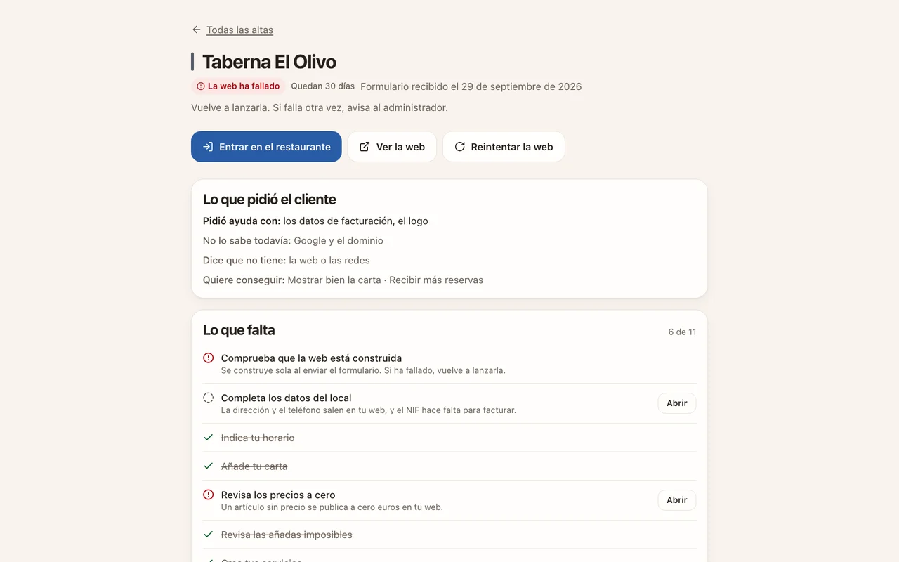 Ficha de alta con el botón Reintentar la web