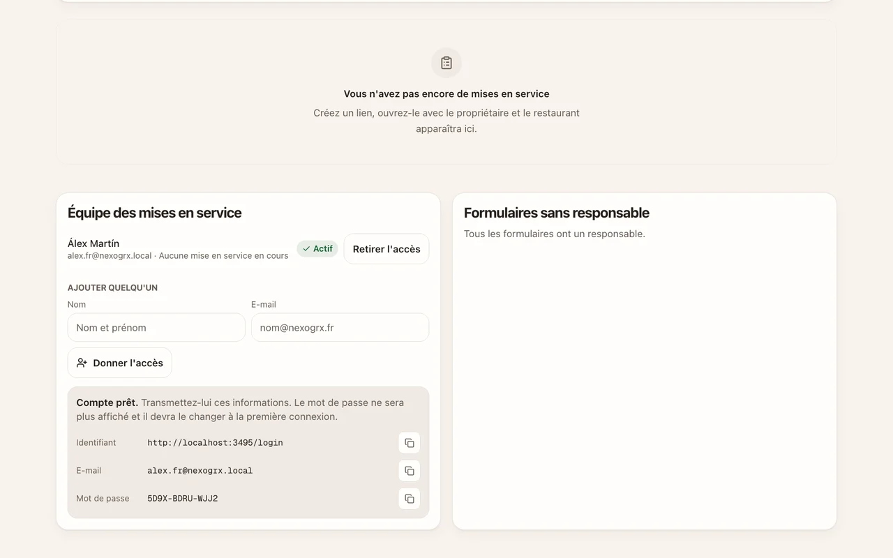 Panneau de l’équipe avec le nouveau compte